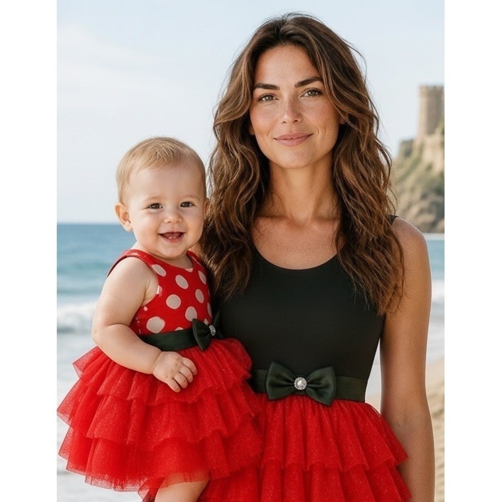 Disney Minnie Mouse Infant Girls Dress Red White Polka Dot Black Bow 3/6m Bling